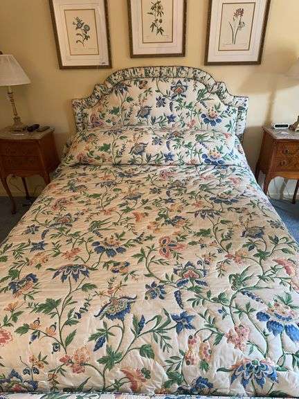 Queen size bed with upholstered headboard and matching bedspread image