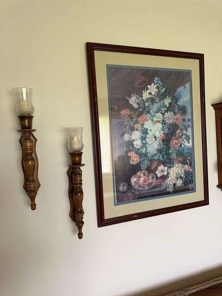 Framed floral picture, 2 wooden wall sconeses image