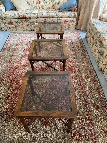 Three matching beveled glass 21”sq tables x 17”h image