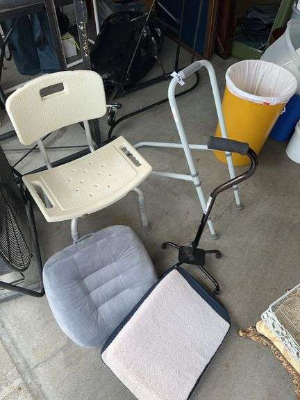 Shower chair, cane, seat cushions, standing assist for bed image