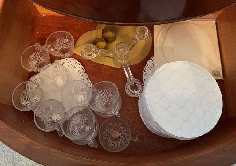 11 clear glass punch cups, large lot of silver plate napkin rings and clear glass napkin rings, clear glass candle holder image
