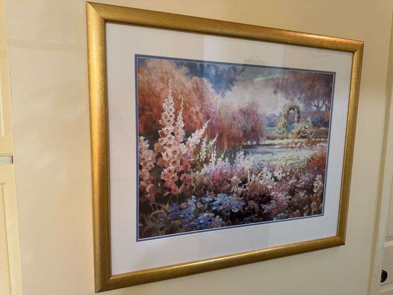 Signed gold framed floral picture image