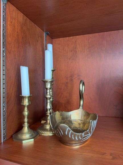 3 brass candlesticks, brass swan image