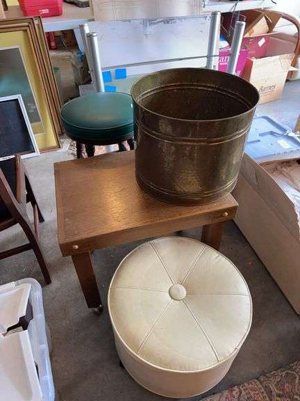 Stool, small rolling table (has scratches), brass planter, rolling foot stool image