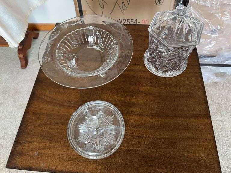 Footed bowl, covered divided dish with etching, covered jar image