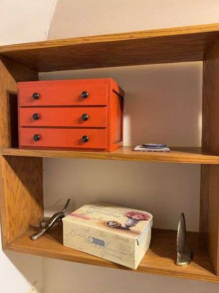 Brass bookend & cat, three drawer Wood box, cardboard "lunchbox" image