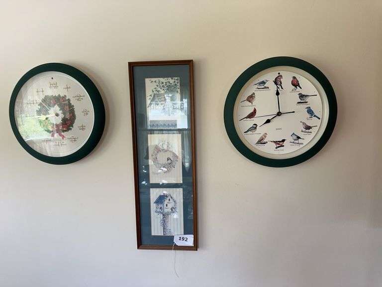 2 wall clocks and framed print image