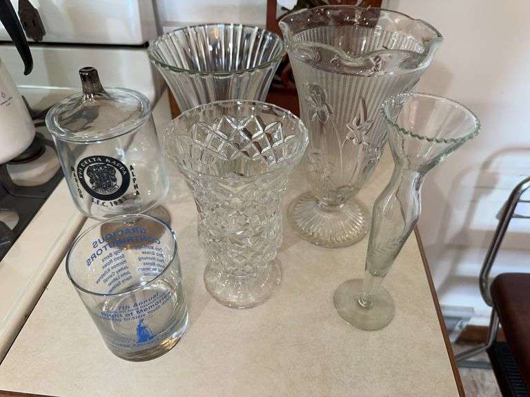 3 glass vases, Phi Delta covered dish, Night of Memories glass image