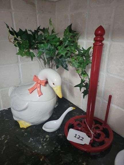 Red Towel Holder, Ceramic Duck Canister & Spoon, Vase image