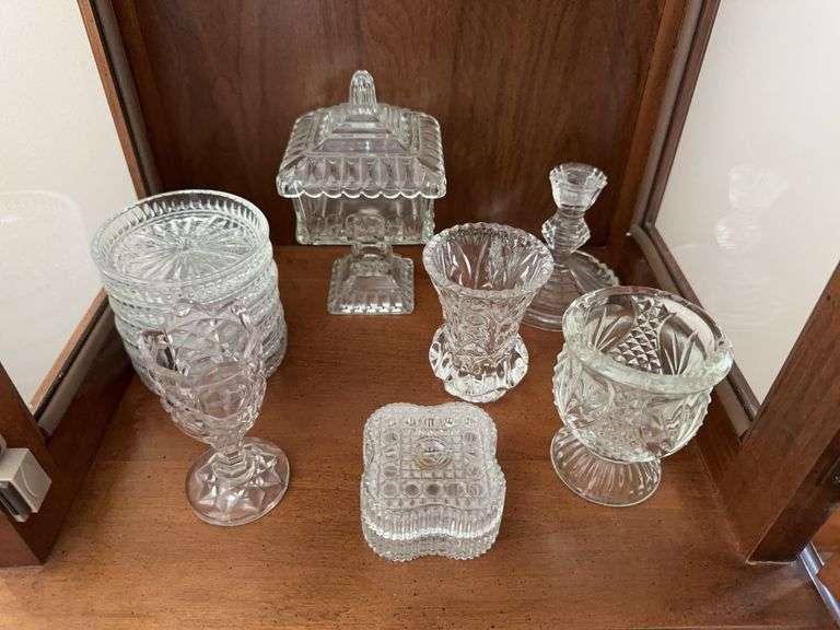 6 clear glass coasters, covered candy dish, candle holder, toothpick covered box image