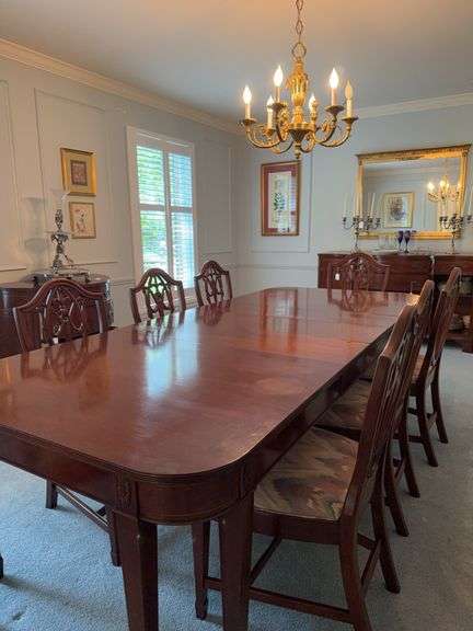 Mahogany dining room table with 3 leaves 6 chairs and 2 captains chairs image