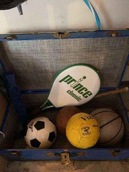 Chest and outdoor toys, balls, tennis racket, crochet and miscellaneous image