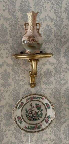 Decorative plate with hanger, hand painted vase, gold shelf image