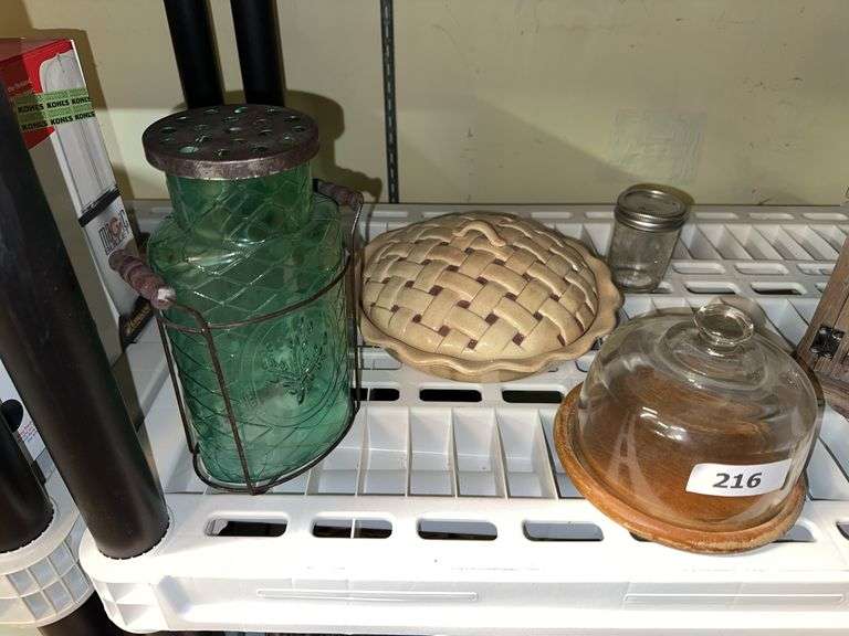 Ceramic pie dish, decorative green jar, cheese dome, Willow tree display, pint jar image