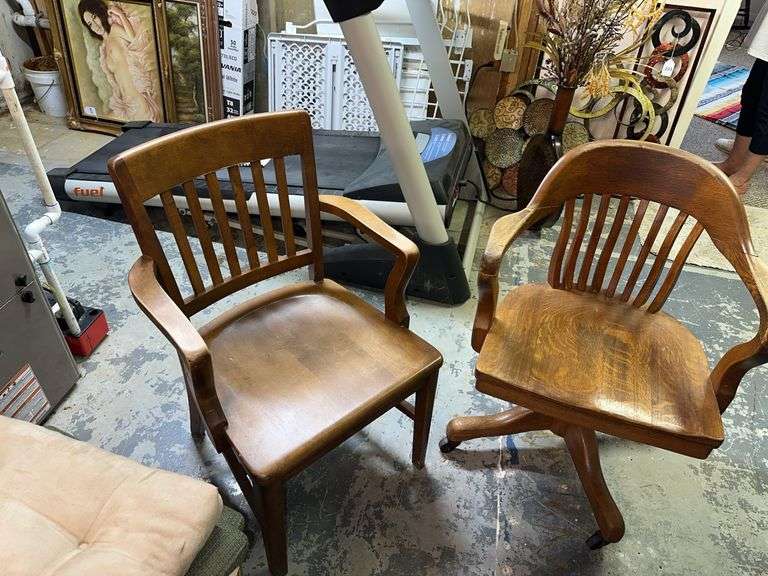 2 wood chairs, roll around office chair, captain’s chair image
