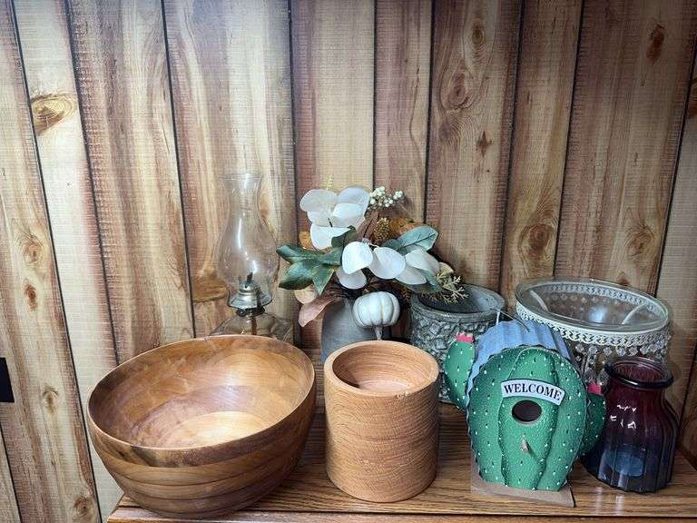 Wooden bowl. oil lamp, glass vase. fall floral arrangement, Cactus bird house, bowl with prisms image