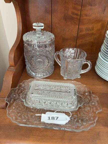 Pressed glass cracker jar, butter dish, double handle spooner, small under tray image