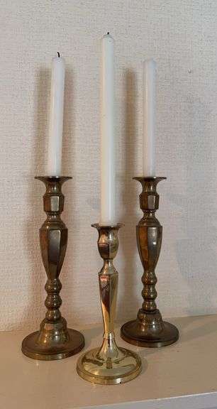 3 brass candlesticks, 2-11” 1-8” image