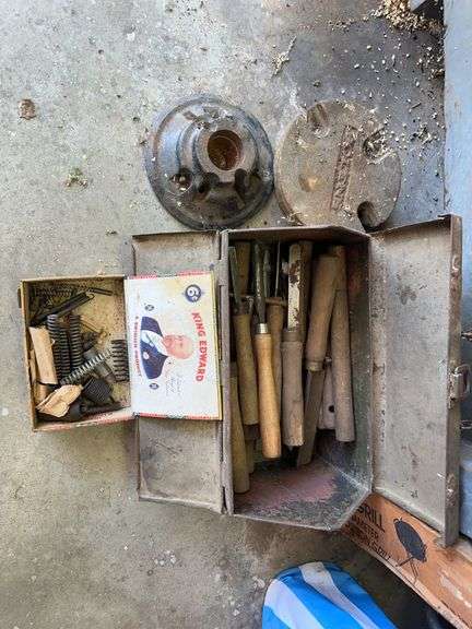 Lawn tractor wheel weights, toolbox with chisels image