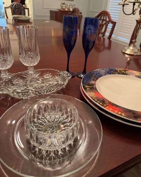 Pair of Millenium plates and champagne glasses, 2 clear glass goblets, divided dish, clear plate, small bowl image