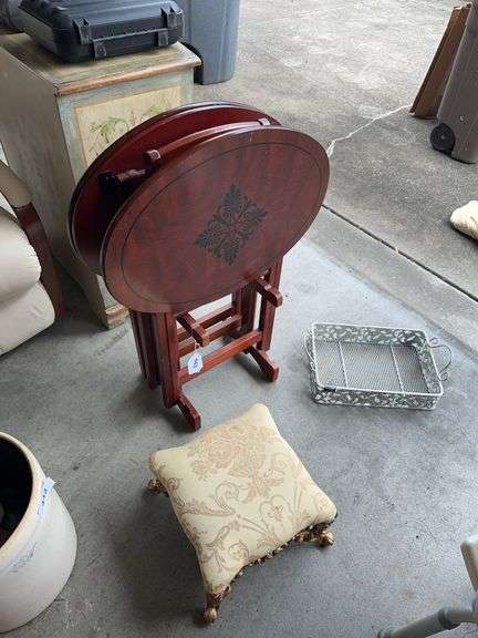 Set of TV trays, iron base foot stool , wire decorative tray image