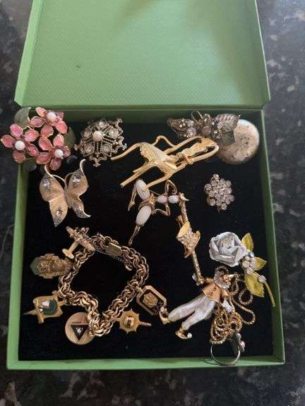 Lot of costume jewelry, charm bracelet, vintage pins image