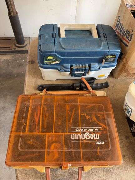2 tackle boxes & misc tackle, filet knives, spot light, misc line image