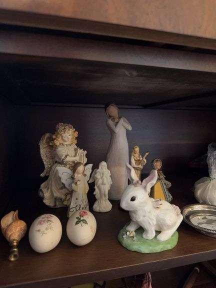 Willow tree, assortment of angels, salt and pepper shakers, angel bunny, painted eggs, shell finial, duck plate image