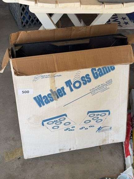 Plastic washer toss game, card table. Plastic outdoor table image