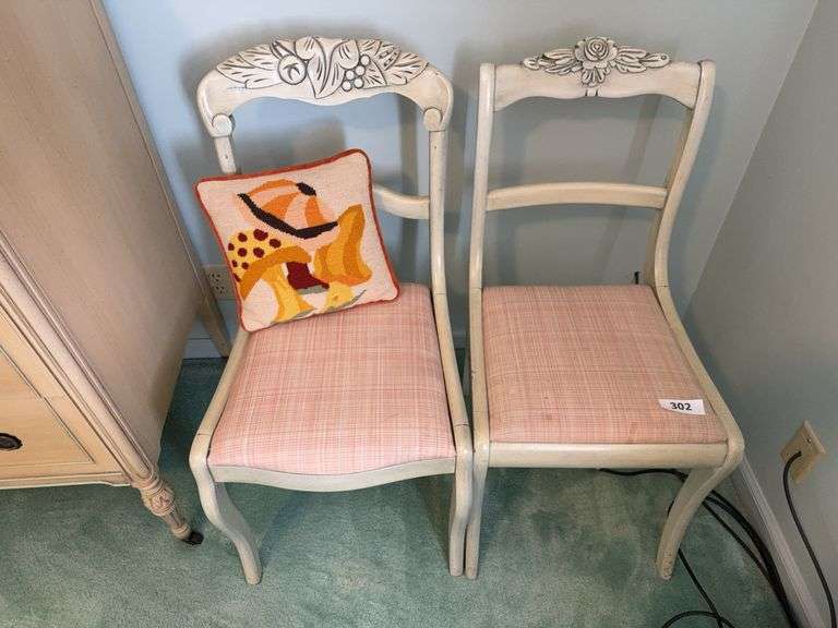 2 carved back chairs, needlepoint pillow image