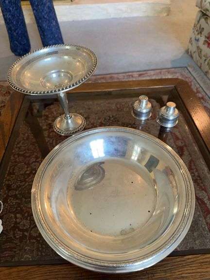 Four sterling pieces, salt and pepper, pedestal reticulated dish,  10” bowl image