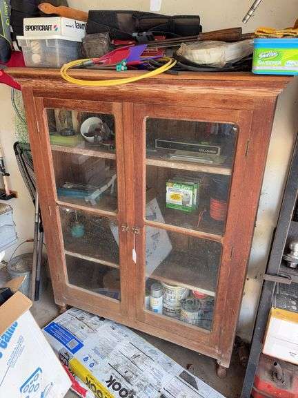 Antique double door glass cabinet & contents image