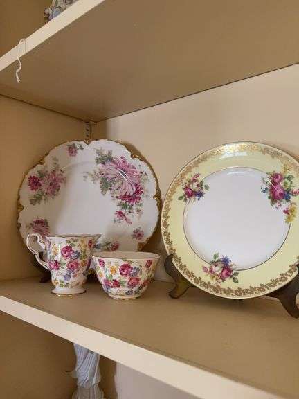 Bone china creamer and sugar bowl “June Roses” Royal Stafford , 9.5” Limoges plate, 8” plate “Victoria” England image