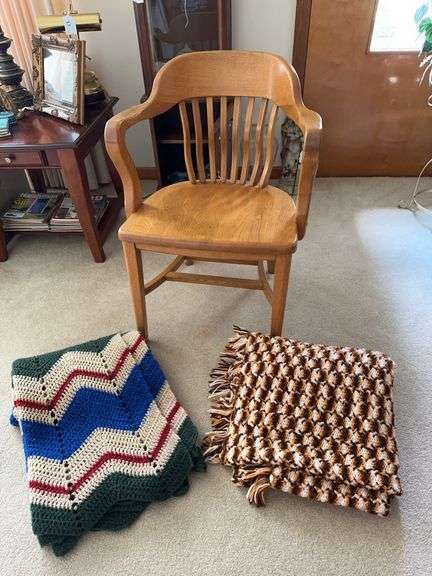 Wooden side chair, lot of afghan throws image