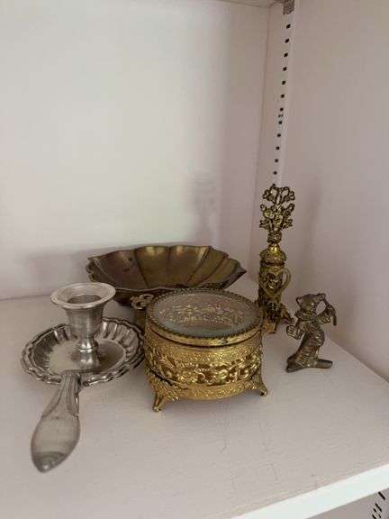 Brass footed dish, figurines, Trinket box with glass lid￼, silver candleholder image