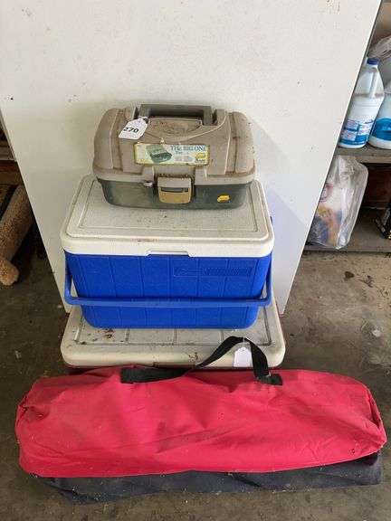 2 coolers, small tackle box, 2 bag chairs image