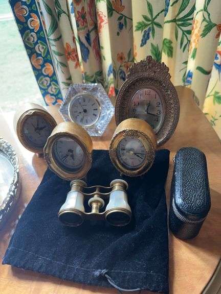 Mother of Pearl opera glasses, opera glasses in case, 4 miniature gold clocks, clear glass clock, image