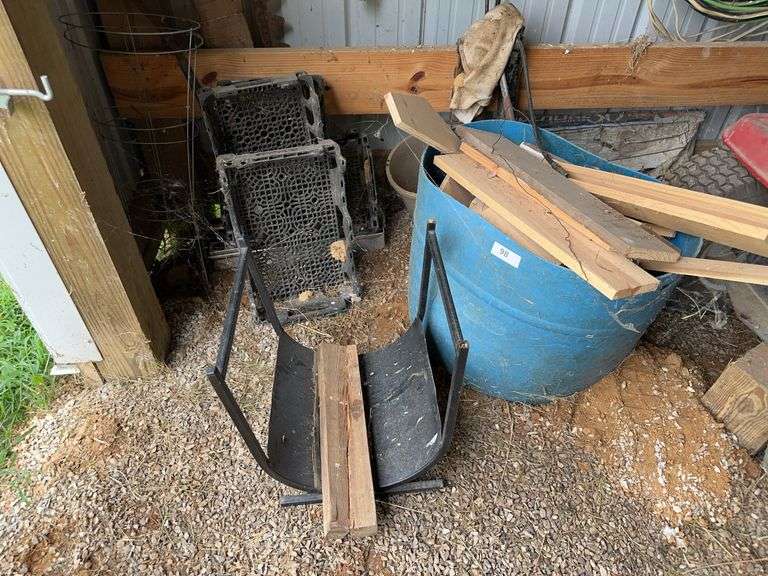 Misc wood, plastic crates and firewood holder, empty buckets image