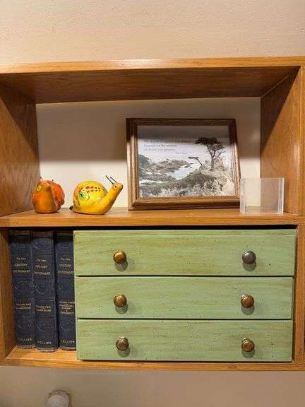 Framed success picture, pair paper machete snails Mexico, lucite block, 3 vintage Century Dictionaries, 3 drawer wood box image