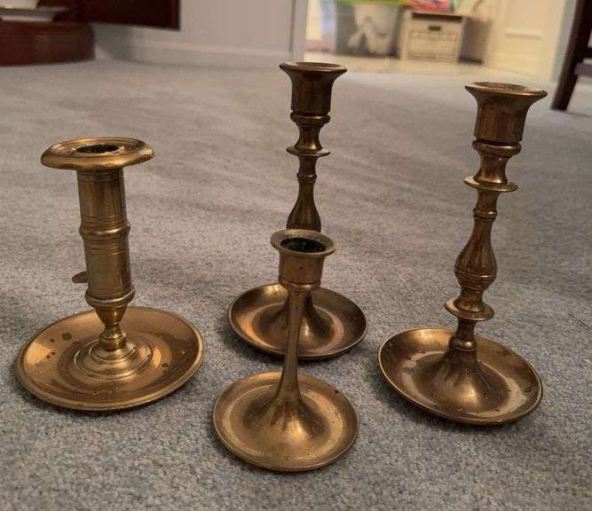 4 brass candleholders, 2 candle snuffer, 4 ceramic frog togs image