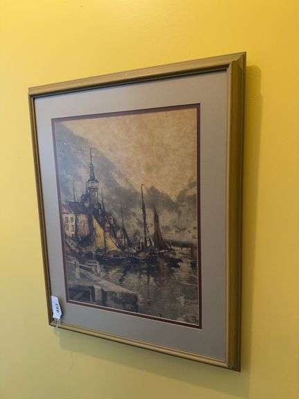 Matted framed watercolor “sailboats in harbor”, 23.5”w x 29”h image