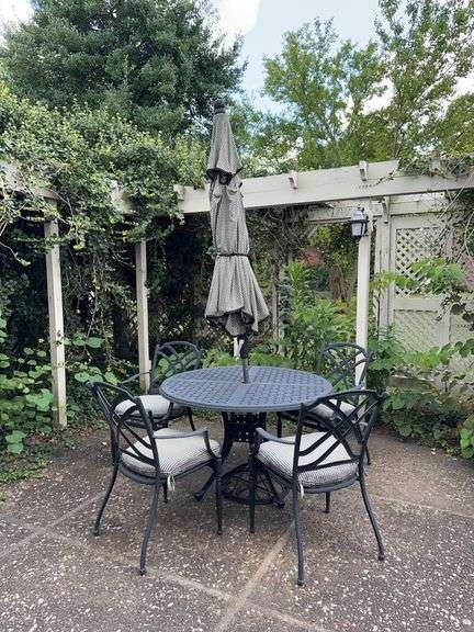Wrought iron table with 4 chairs, umbrella and umbrella stand image