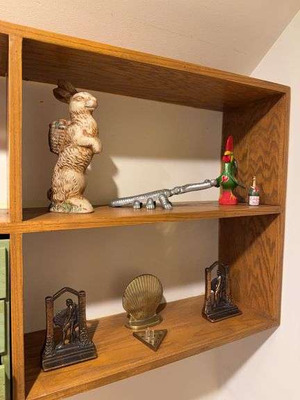 11” resin rabbit, 7.5” hand painted ceramic rooster, celebrate 2000 hinged trinket box, beetle boot jack, pair Sir Galahad book ends, sea shell book end, mini brass game board image