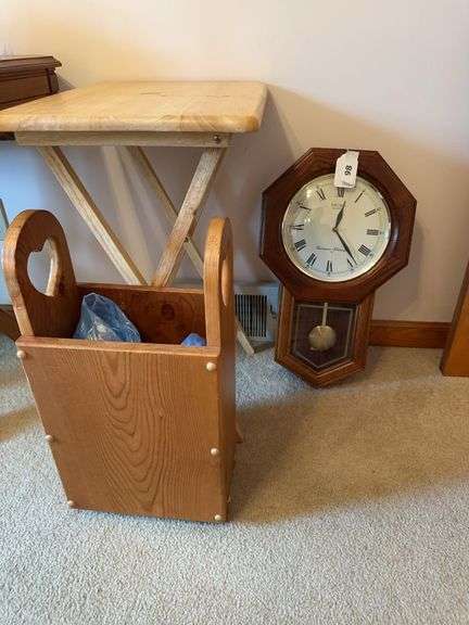 Seiko wall clock (battery operated), tv dinner tray, wooden waste basket image