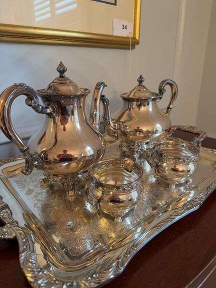 Silver plate coffee and tea pot with creamer and sugar and tray image