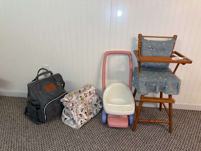 Doll high chair, Little Tykes doll stroller, 2 diaper bags image