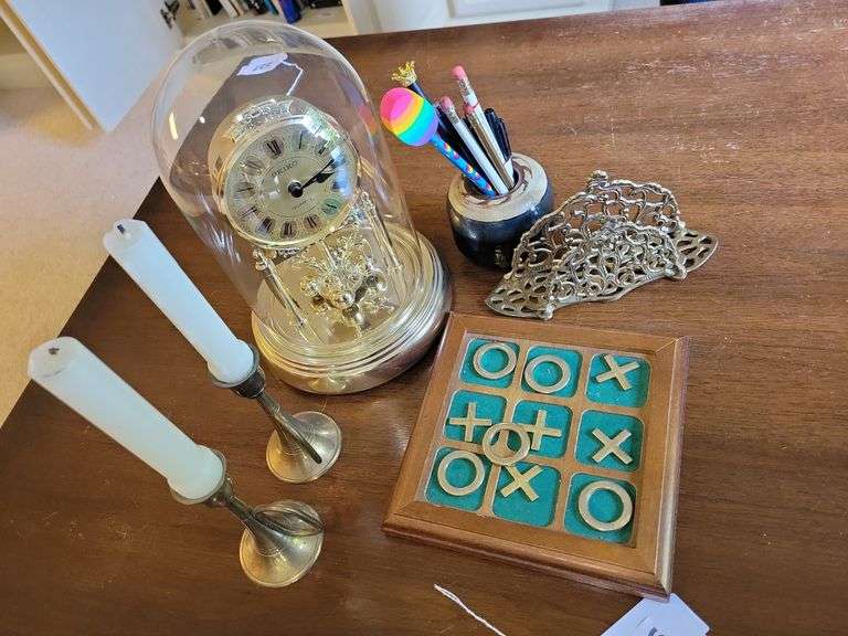 Brass Letterholder, Candlesticks, tic tac toe board, seiko anniversary mantle clock, Pottery piece  w/pens and pencils image