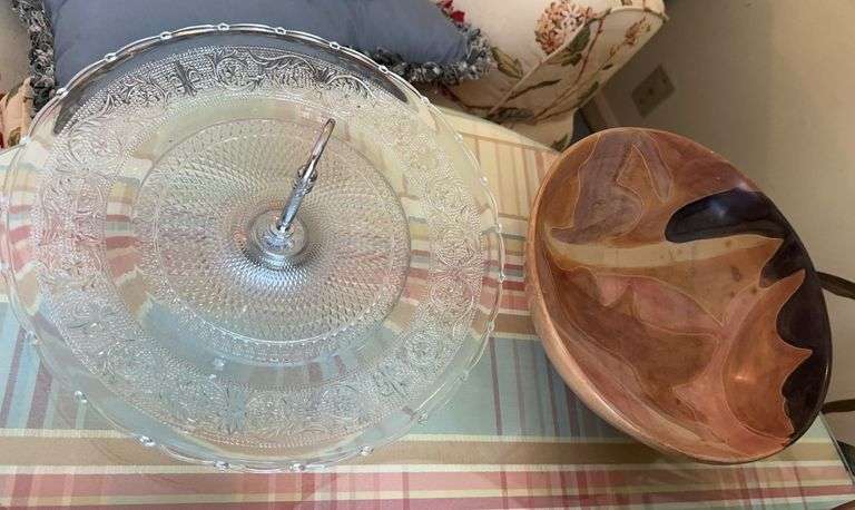 Pressed clear glass tidbit tray, 10” soapstone bowl image