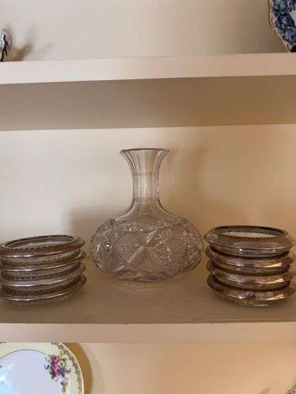 Crystal 7” squat vase, 8 glass coasters with silver rims image