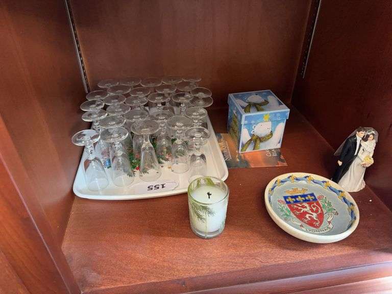 28 stemmed shot glasses, Decore A La Main French saucer, figure, candle image